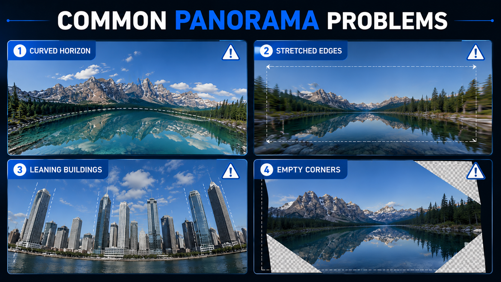 Curved horizons, stretched edges, leaning buildings, and empty corners are the most common panorama editing problems.