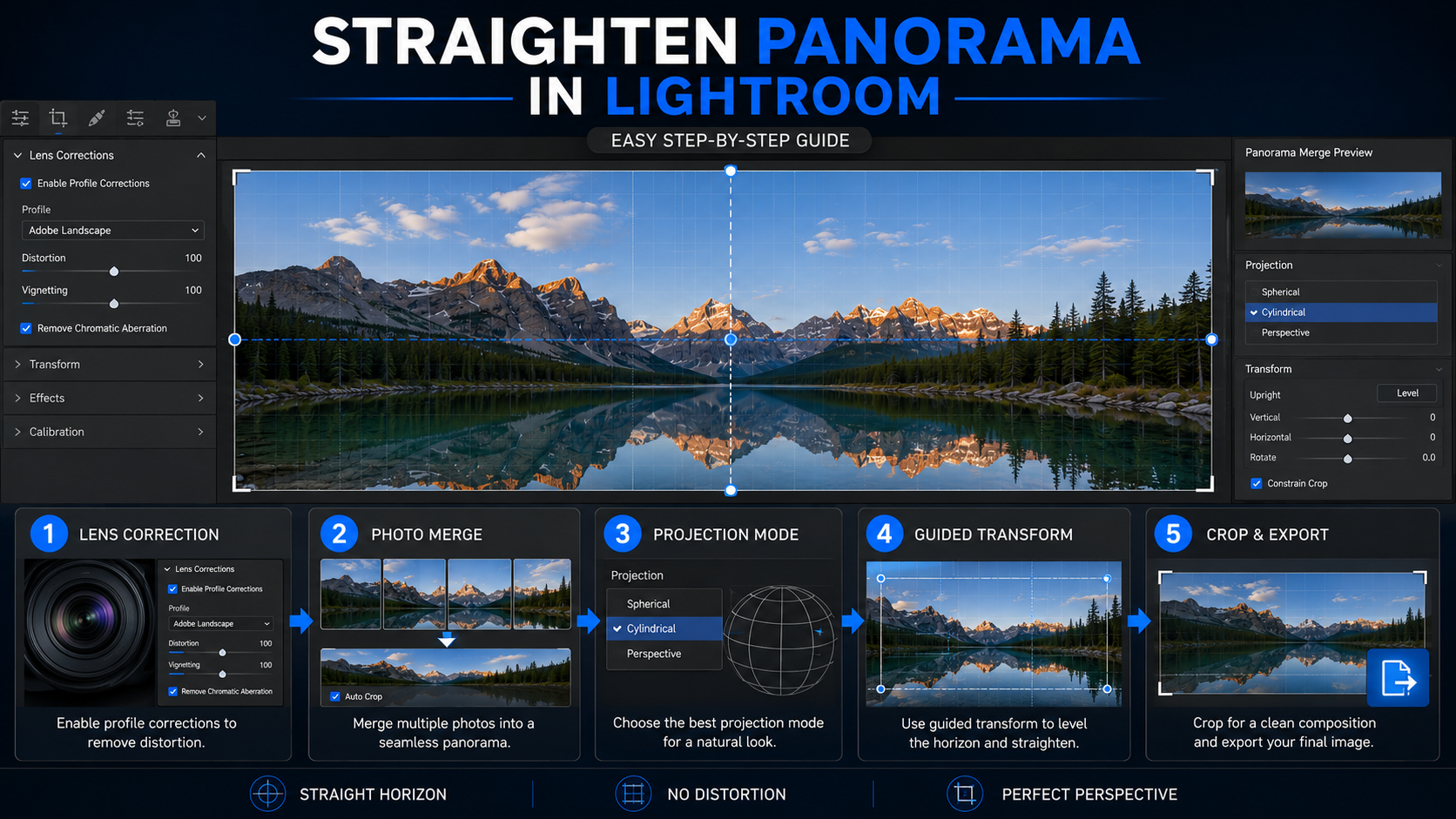 Lightroom is a simple option for lens correction, panorama merge, guided transform, and clean cropping.