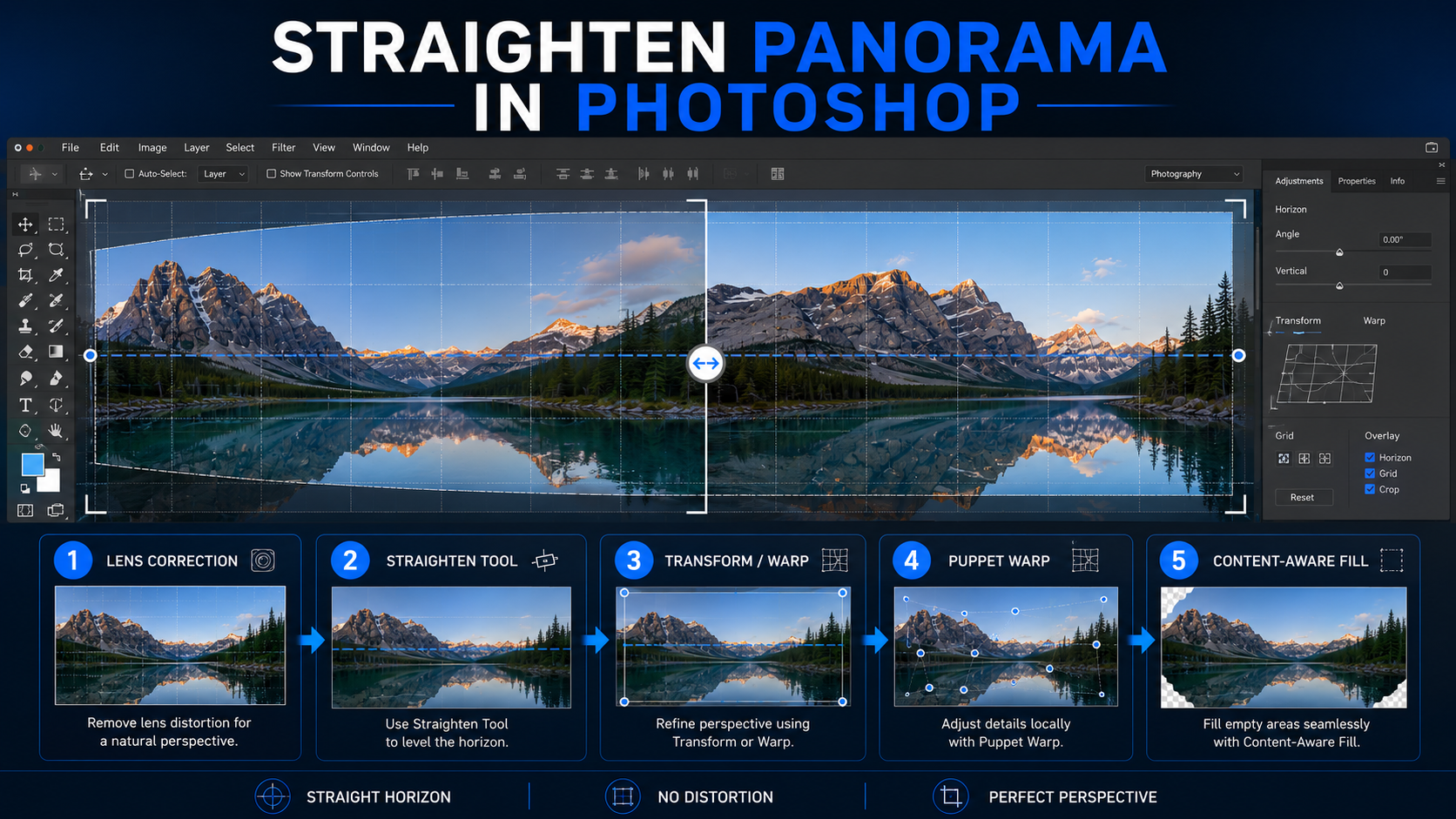 Photoshop gives advanced control for fixing curved horizons, warped edges, and panorama distortion.