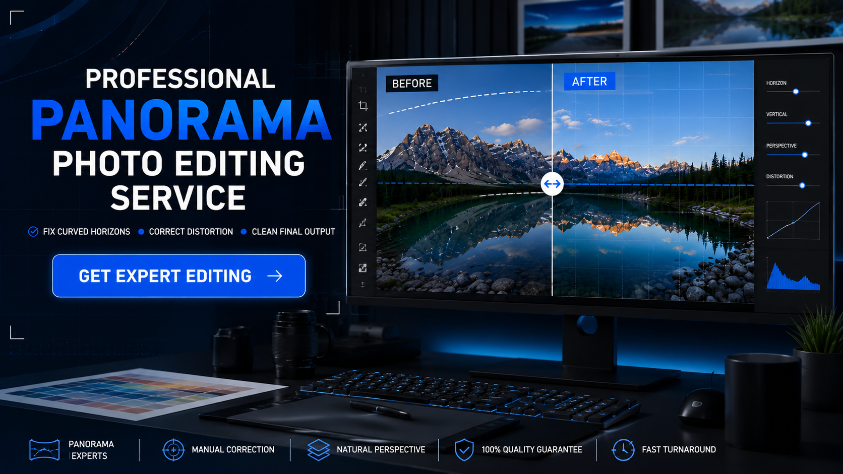 Professional panorama editing helps correct distortion, straighten horizons, and create clean website-ready images.