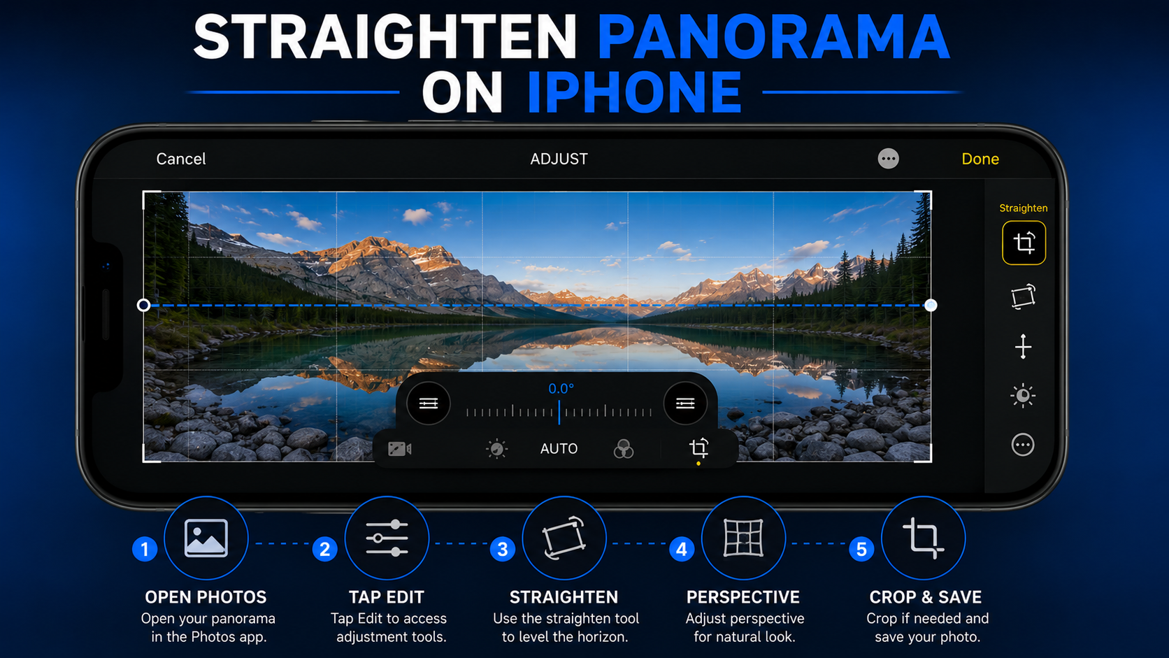 The iPhone Photos app can fix simple panorama tilt, horizon issues, and perspective problems.