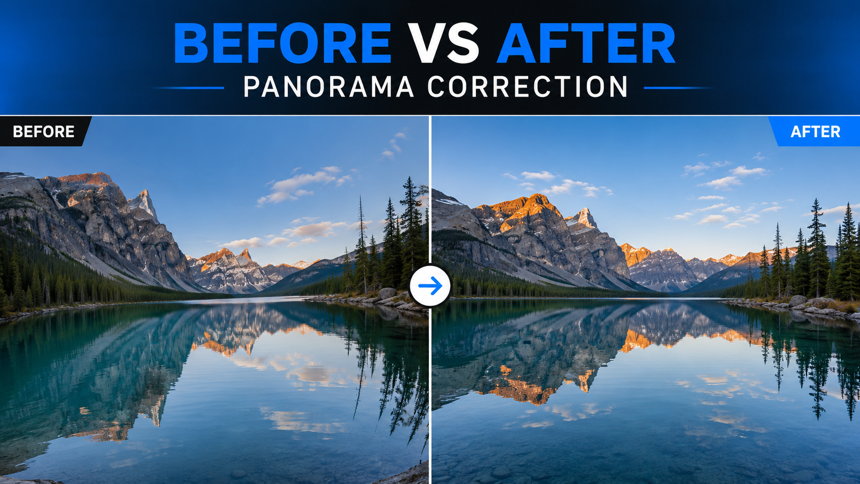 A curved and distorted panorama can be corrected into a straight, natural-looking image with the right editing method.