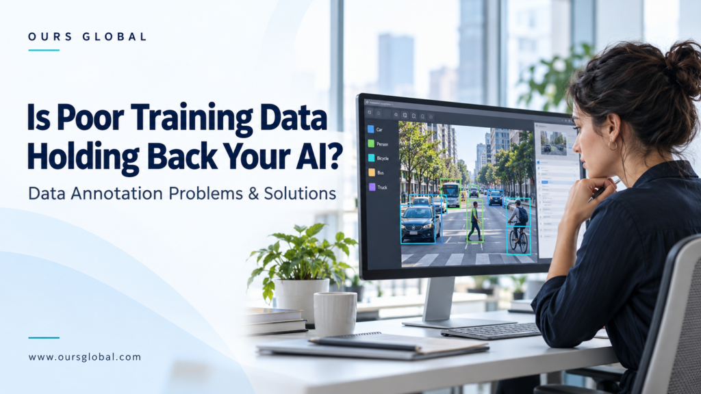 Data annotation specialist reviewing labeled street images for AI training.